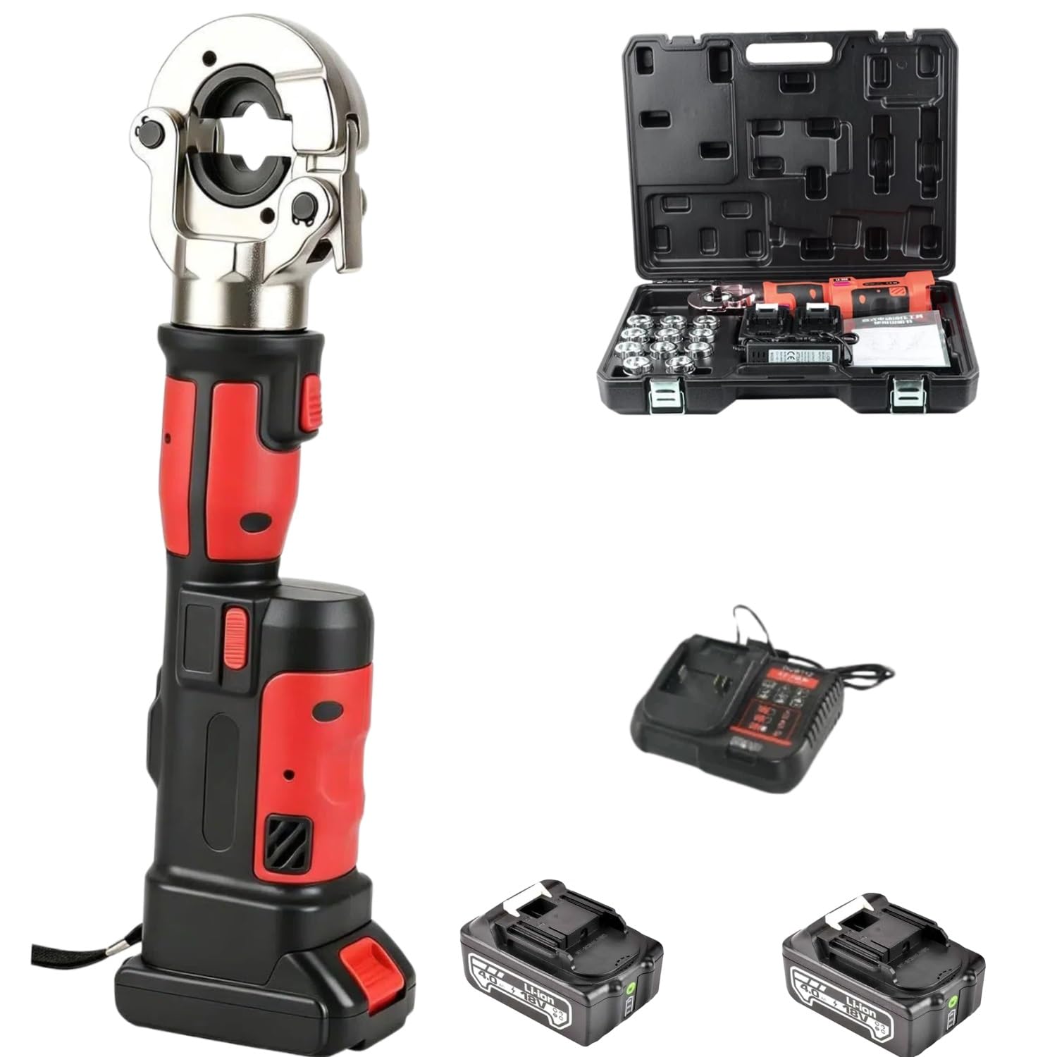Electric Hydraulic Crimper,Continuously Crimp Hydraulic Cable Lug Crimping Machine,6 ton Rechargeable Cordless Terminal Cable Pliers for 8AWG-600MCM Cu/Al Wire Terminals,with 2 Batteries