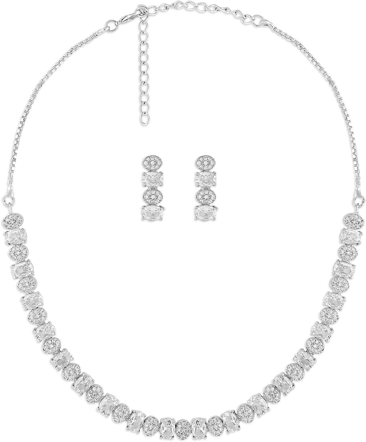 AMLY MJ JEWELLERYSilver Plated White Zircon Necklace with Drop Earrings, American Diamond Stylish Jewelry Set for Women & Girls, Perfect for Wedding & Parties, 23058
