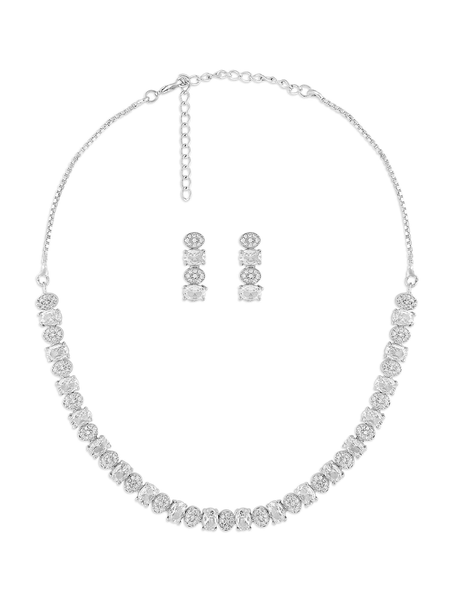 AMLY MJ JEWELLERYSilver Plated White Zircon Necklace with Drop Earrings, American Diamond Stylish Jewelry Set for Women & Girls, Perfect for Wedding & Parties, 23058