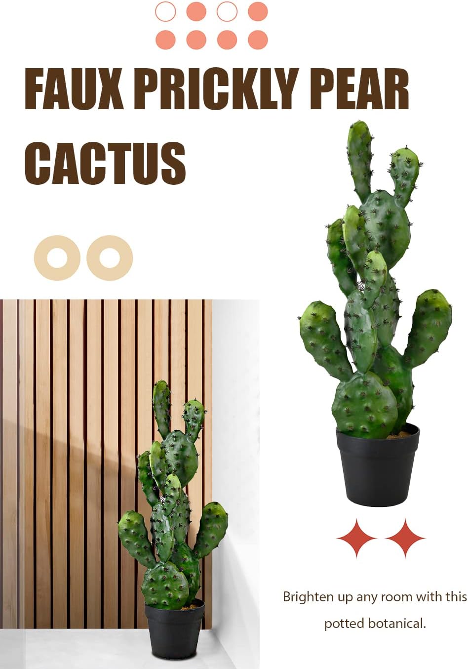 Serene Spaces Living Artificial Prickly Pear Cactus in Plastic Black Pot, Lifelike Potted Bunny Ear Cactus for Balcony, Living Room, Kitchen, Office, Patio, Entranceway, 11" Diameter & 27" Tall