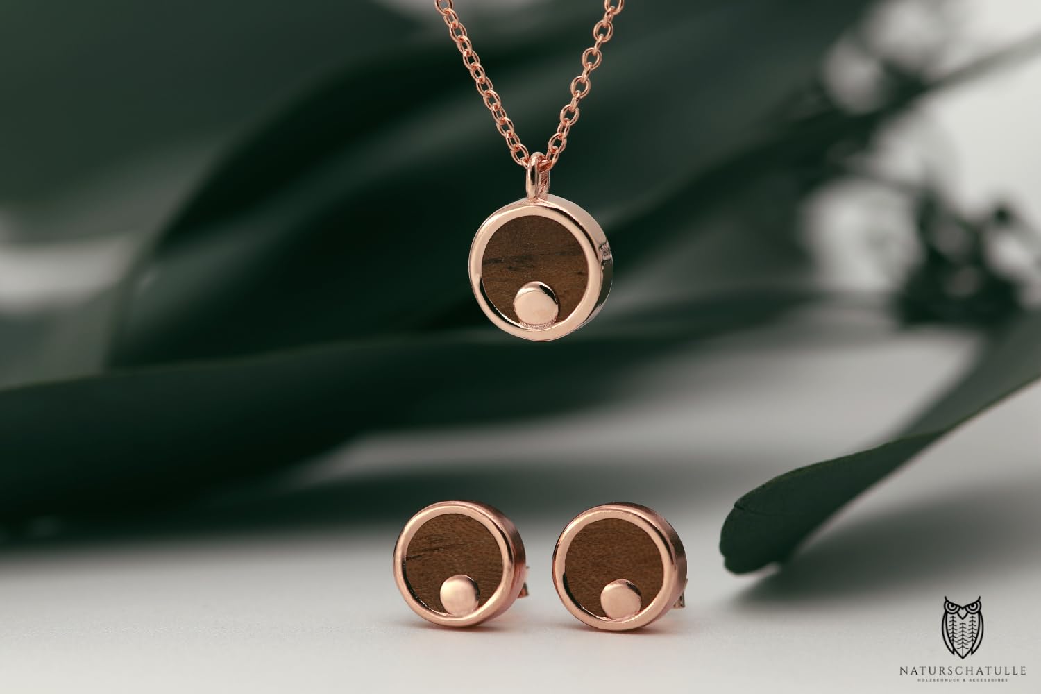 NaturSchatulle Holzschmuck Set Ohrringe Halskette Moonshine 9mm Damen Holzohrringe 925 Silber Rosegold Nussbaum Holz Ohrstecker Schmuck