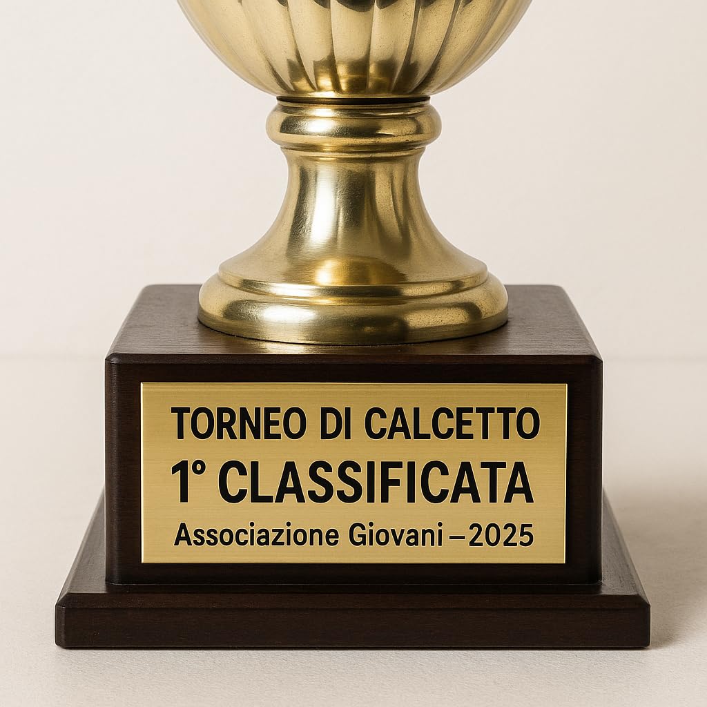 Targhetta per Trofei e Coppe in laminato plastico Oro o Argento, incise a Laser, testi e misure personalizzabili, con Biadesivo 3M