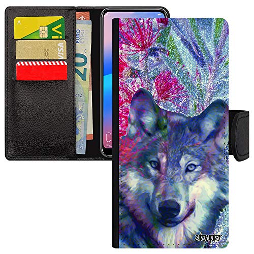 Coque Galaxy A21s loup dessin design fleurs étui portefeuille rose