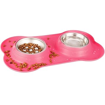 7SUOKITO Dog Bowl Set with Stainless Steel Slow Feeder, Water Bowl, and Wide No-Spill and Non-Slip Silicone Mat, Ideal for Kittens, Cats, Small and Medium-Sized Dogs