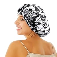 Vista 3 de Gorro de Dormir Nocturno Sedoso de Satén Bonete para Cabello Rizado Gorro para Cabello Ajustable Reversible Doble Capa Flora Negra