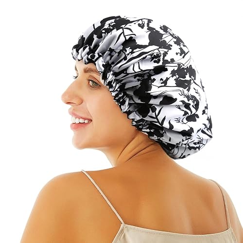 Miniatura 3 de Gorro de dormir de noche sedoso de satén para cabello rizado, ajustable, reversible, doble capa, flora negra