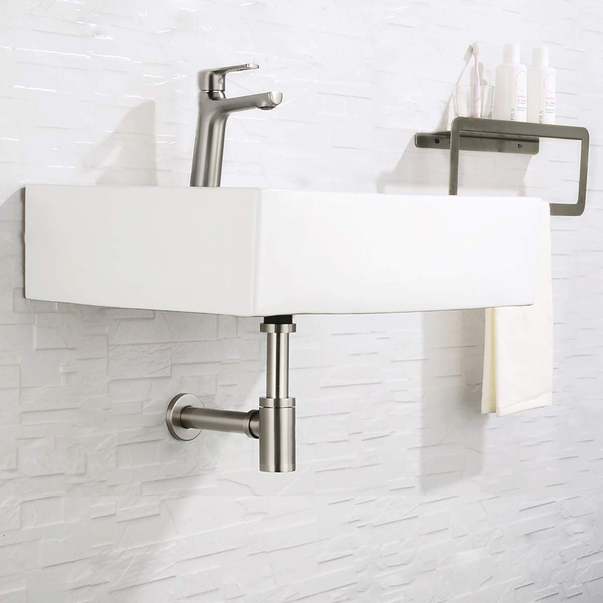 Sifone universale in ottone per lavabo e lavandino, 1 1/4 x 32 mm, con scarico su misura, antiodore, rotondo, colore: nichel spazzolato