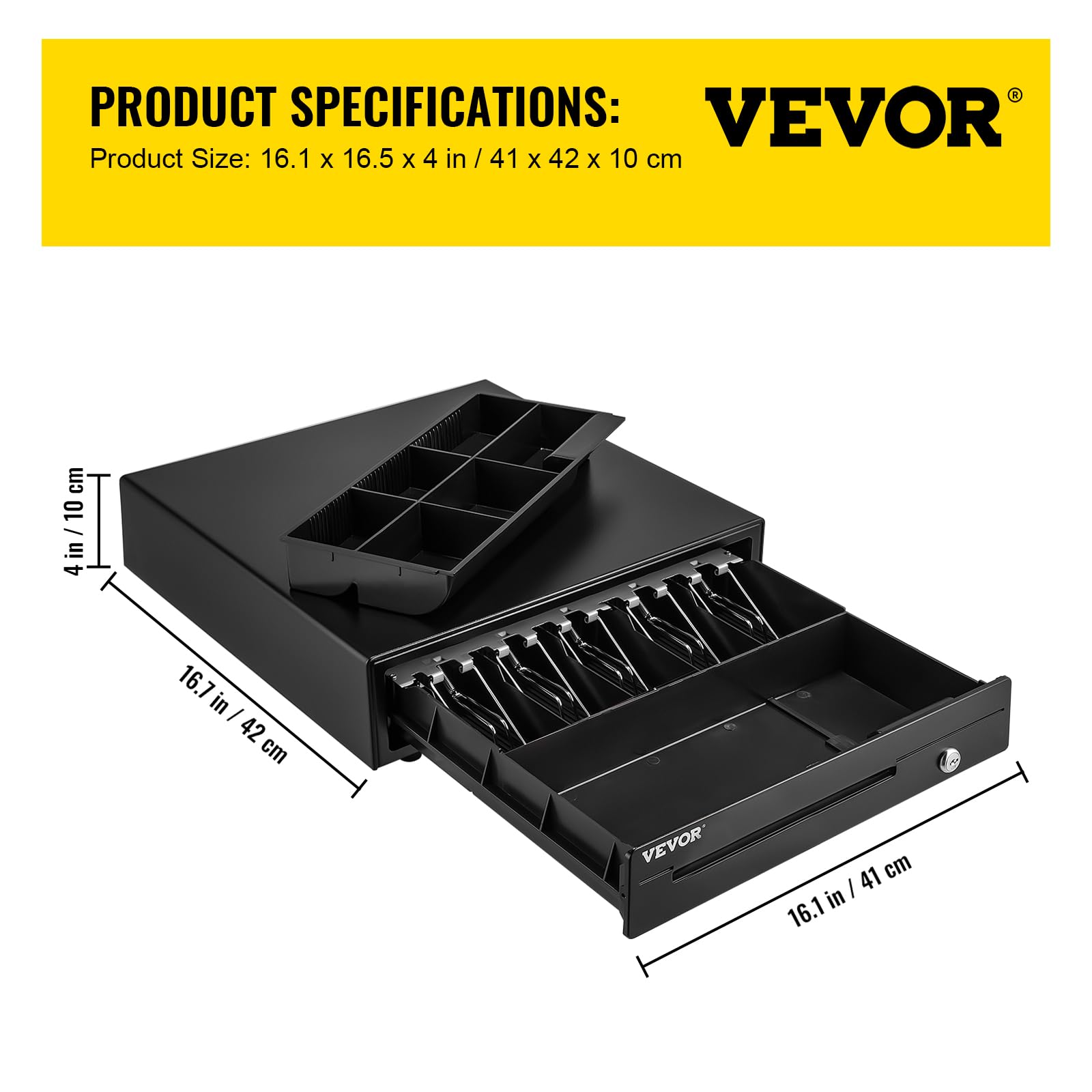 VEVOR Cassetto per Registratore di Cassa, Cassetto Portasoldi Apertura Automatico con 3 Metodi di Sblocco, Cassetta Portavalori con 5 Scomparti per Banconote e 6 per Monete, 41 x 42 x 10 cm (Nero)