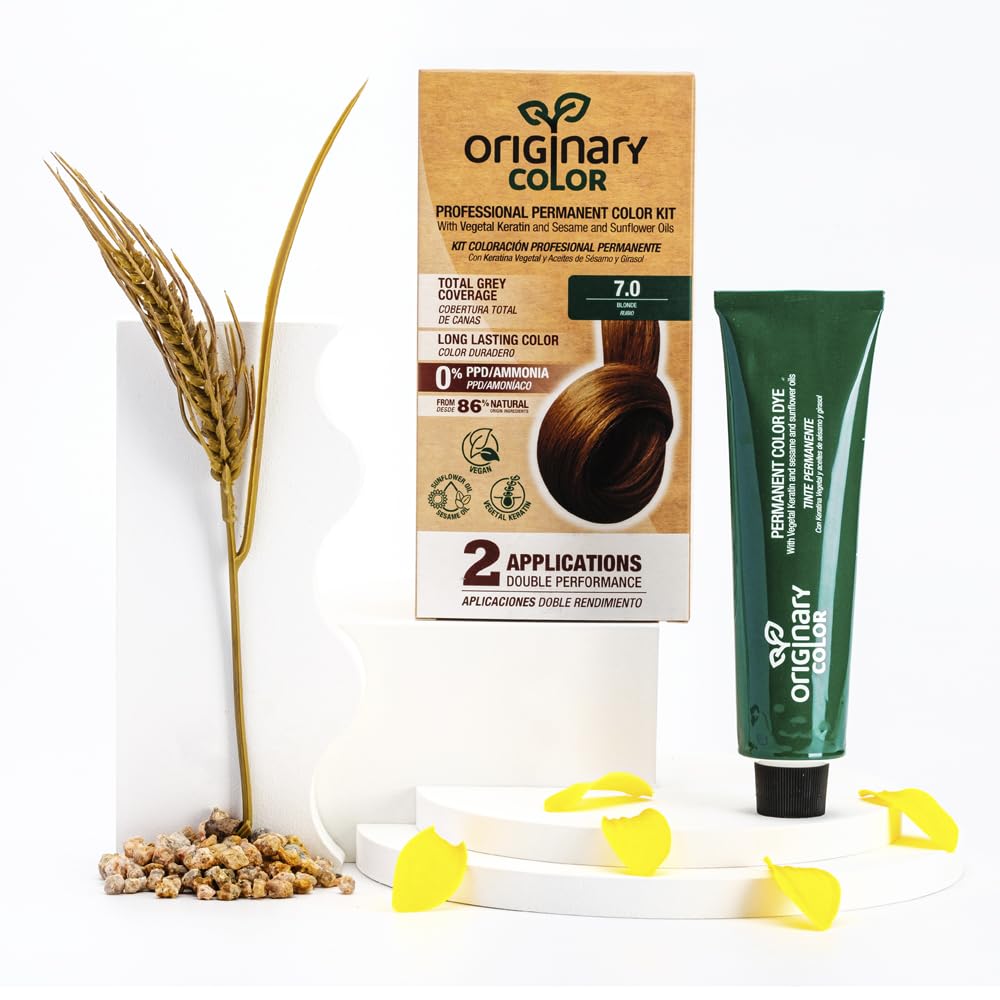 Originary Color - Kit de Coloración Profesional Permanente, Color 7-0 Rubio Medio 100 ml + Crema Oxidante 100 ml + Champú 30 ml | Fórmula sin amoniaco y sin PPD.