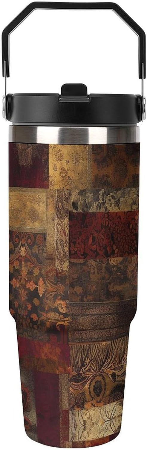 30oz Insulated Tumblers with Top Handle, Stainless Steel Patchwork Pattern Car Cup with Straw for Gift, Leak-Proof Double Wall Vacuum Travel Mug, Personalized Water Bottles Black