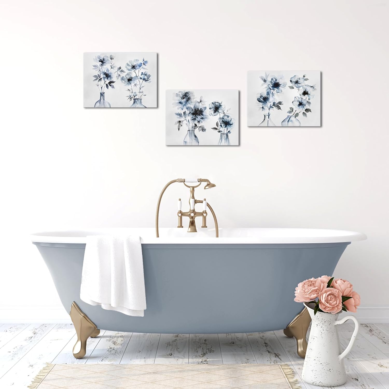 HOMEOART Floral Canvas Wall Art Watercolor Flower Prints for Living Room Bedroom Decor, Framed Artwork Ready to Hang Bathroom Wall Decor,12x16inchx3Pieces (Blue)