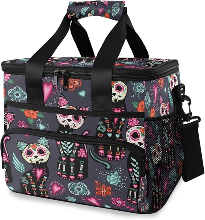 AUUXVA Insulated Cooler Lunch Bag Flower Cat Sugar Skull Lunch Box Leakproof Large Tote Bag Reusable for Women Men Picnic Travel (15L)
