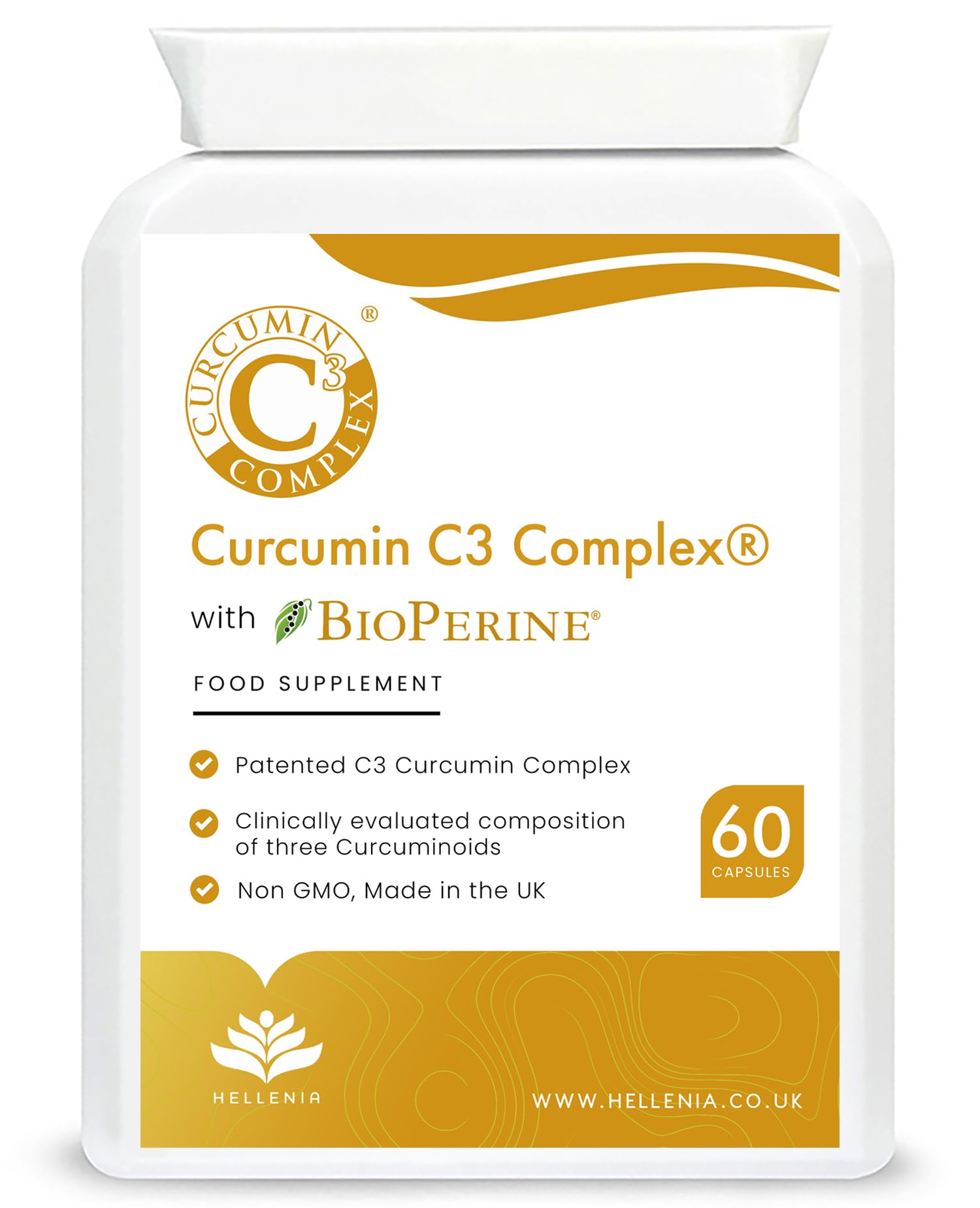 Turmeric - Curcumin C3 Complex® with BioPerine® - 60 Capsules | High Strength Curcumin Supplement | Turmeric Capsules - Suitable for Vegans - Made in The UK by Hellenia