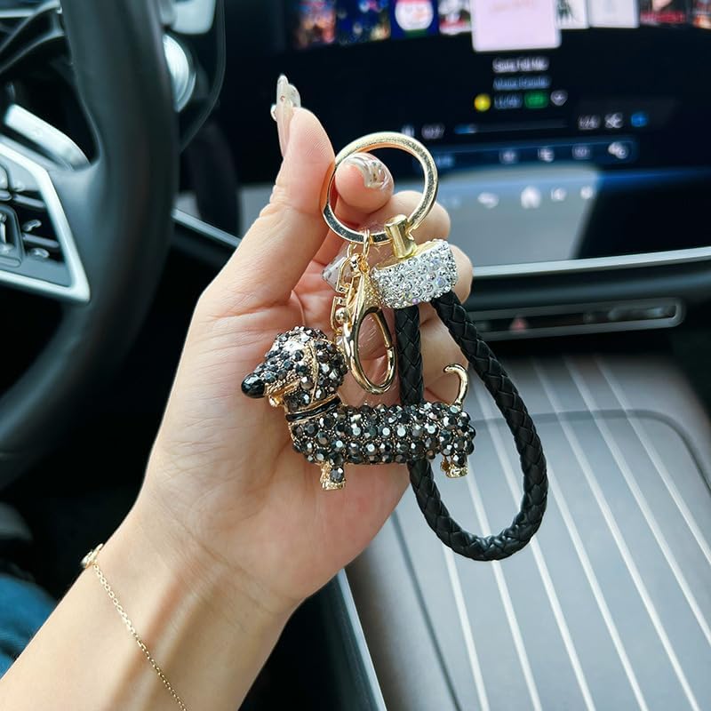 1PC Sparkling Rhinestone Dachshund Keychain - Featuring Black & Golden Chains, Alloy Accents & Lobster Clasp, Playful Dog Jewelry for Car Keys, Backpack Accessories - Image 4