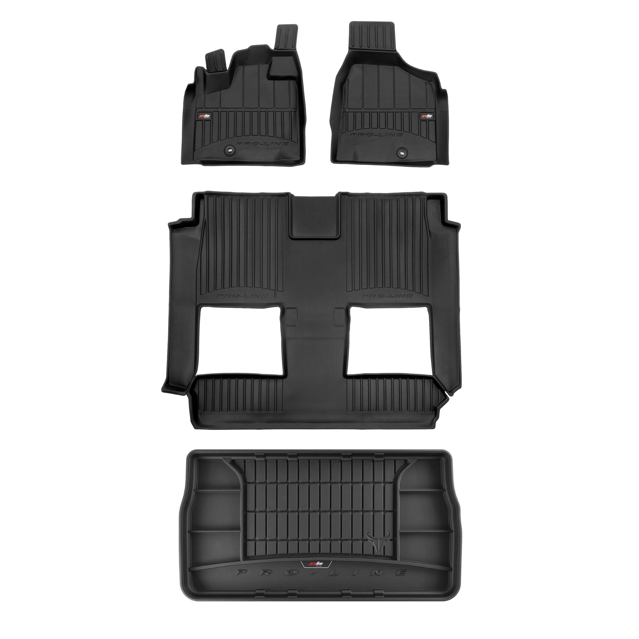 FROGUM ProLine 3D Zestaw gumowe korytkowe dywaniki samochodowe i mata bagażnika z logo do Dodge Grand Caravan VI Najwyższe ranty