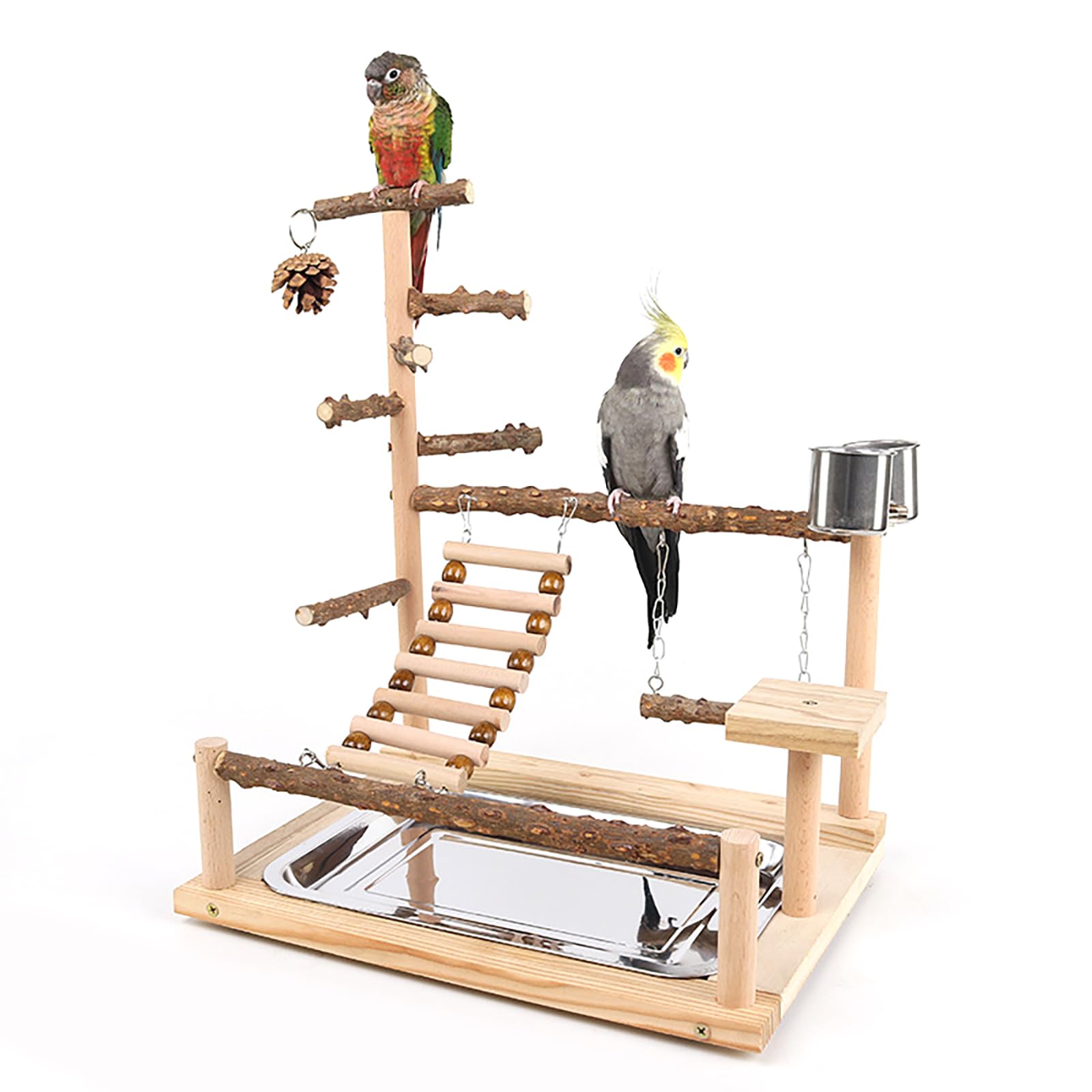 RoseFlower Vogelspielplatz Papageien Spielplatz, Naturholz Vogel Spielständer mit Feeder Cups Leiter, Kauspielzeug, Haustier Übungsspiel Sitzstange Vogelzubehör für Papageien Nymphensittiche Vogel#1