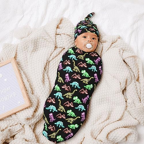 Image of Neon Dinosaurs Newborn Swaddle Blanket with Hat Sets Newborn Receiving Blanket for Boy Girl Swaddle Sack Shower Infant Gift