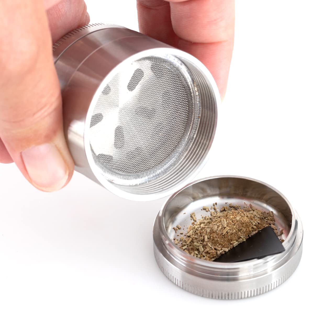 Sunmondo Grinder - Grinder in acciaio INOX, 4 pezzi, 45 x 45 mm, con raschietto per polline