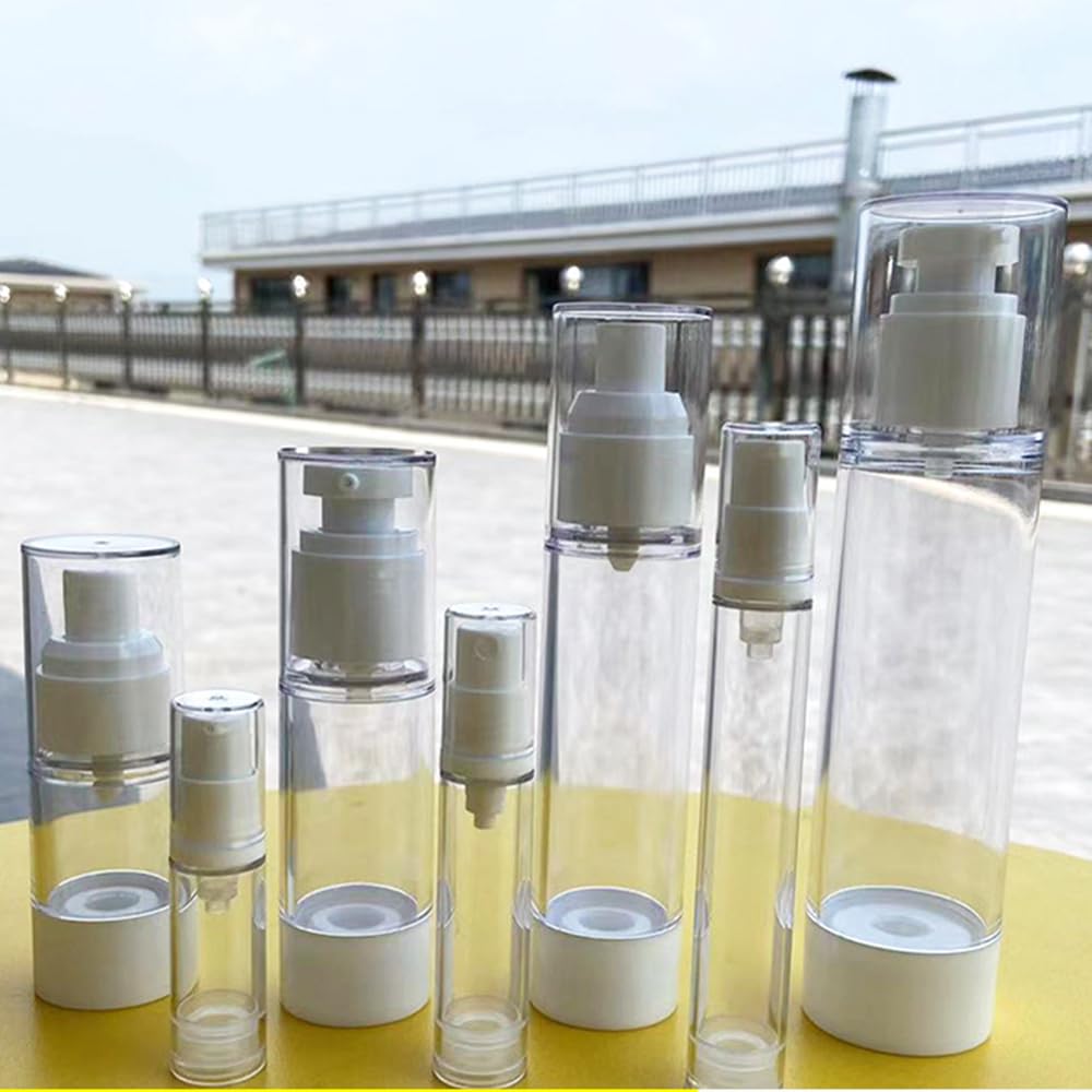 50 szt., 5 ml, 10 ml, 15 ml, butelka z pompką bezpowietrzną, mini, puste, przezroczyste butelki z pompką próżniową, do wielokrotnego napełniania, przezroczyste pojemniki na balsam z podkładem do