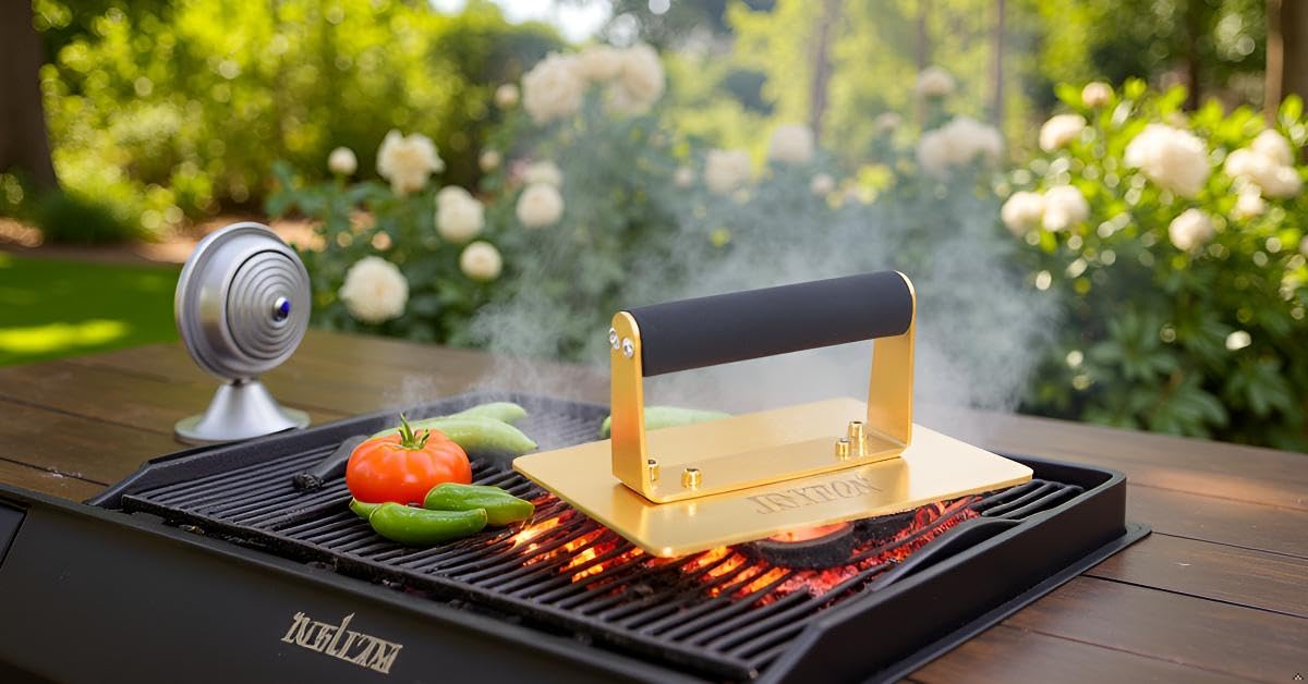 Burgerpresse aus Titanlegierung mit Verbrühungsschutz, Titanlegierung, Burgerpresse für Grillplatte, Speckpresse, Grillpresse, Rinder-Pattypresse (20,3 cm)