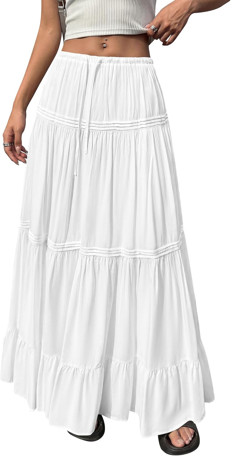BTFBM Spring Skirts for Women 2026 Summer Boho Beach Vacation Clothes Casual Pleated High Waisted Flowy Maxi Skirt - Image 3