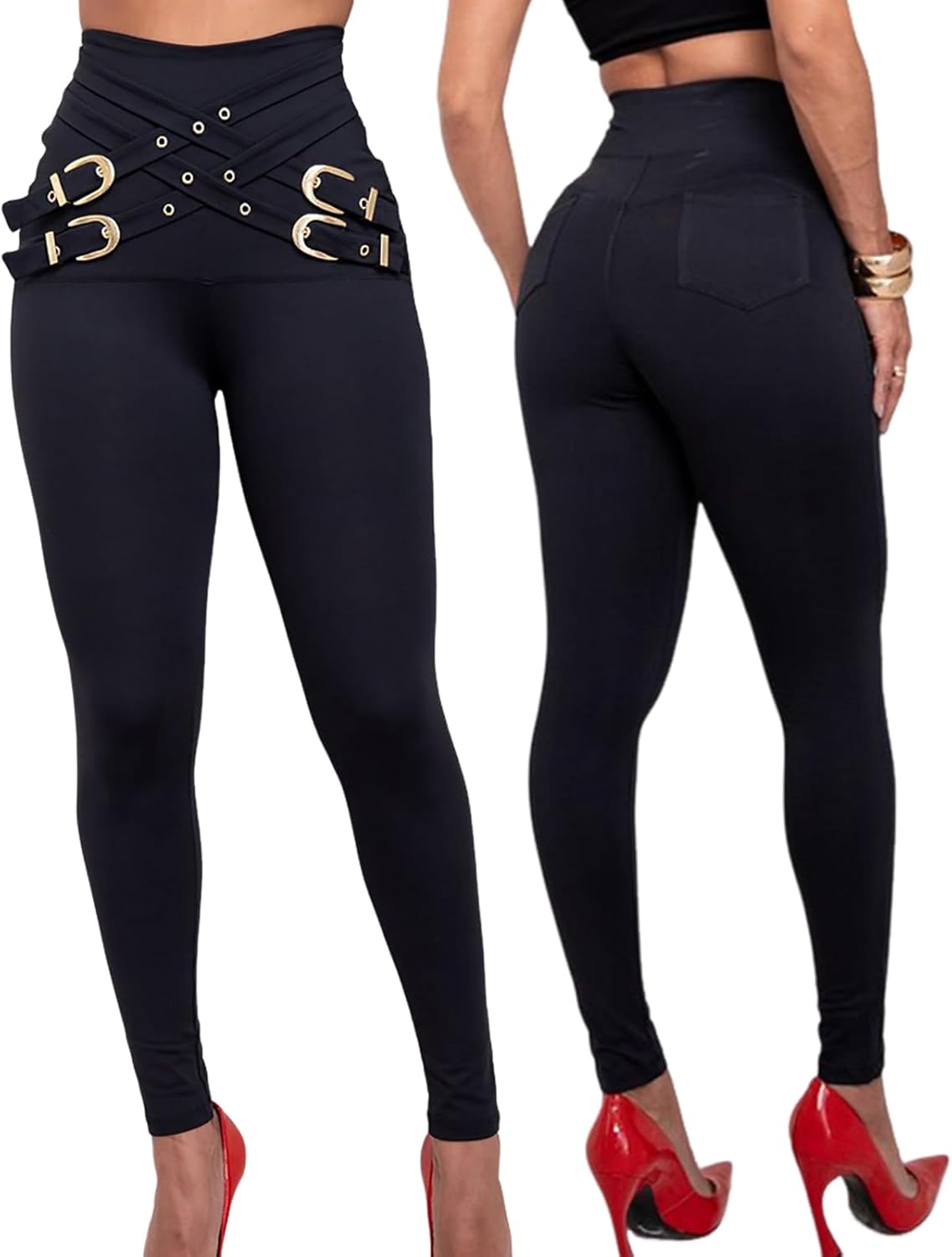 CHICME Womens Slim fit Black Pants Criss Cross Buckled Decor High Waist Skinny Pants Trousers Leggings