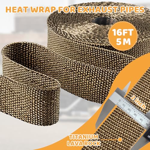 Exhaust Heat Wrap, Tooomplus 2\'\' x 16\' Fiberglass Heat Shield Tape, Heat Wrap for Exhaust Pipes with 10pcs Stainless Steel Ties for Motorcycle Car Truck
