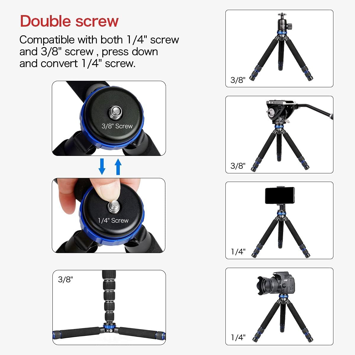 koolehaoda Mini statyw stołowy, przenośny statyw podróżny z mocowaniem śrubowym 1/4 i 3/8 i wysuwaną konstrukcją nogi, maksymalne obciążenie 10 kg, do aparatu DSLR, rejestratora wideo, telefonu