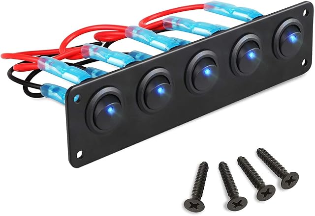 Toggle Rocker Switch Panel, 5 Gang 12V Waterproof Round Toggle ON/OFF Switch Blue LED Fit for Auto Automotive Lights Car Marine Boat Yacht Trailer Caravan Camper Bus Tractor Truck Vehicles