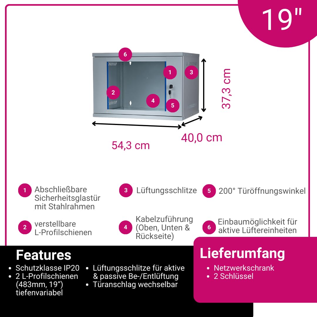 Netzwerkschrank 19 Zoll 7 HE I 400 mm Tiefe I Serverschrank Grau I Wandmontage I abschließbare Glastür I unmontiert I 60 kg Traglast I 543 x 400 373 mm (Grau, 7 HE)
