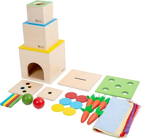 Adena Montessori Kit de juego 6 en 1, 3 cajas de anidación y apilamiento, juego de caída de permanencia de objetos, caja de monedas, cosecha de