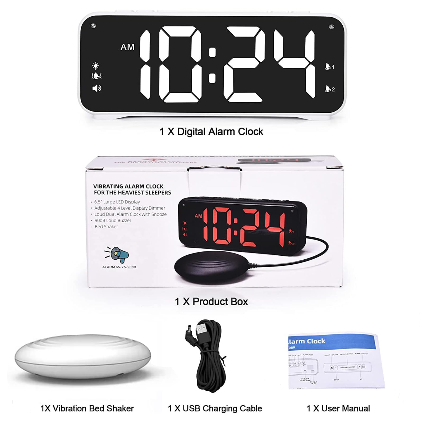 Generisch Despertador de carga USB, vibrador de cama, color negro y rojo