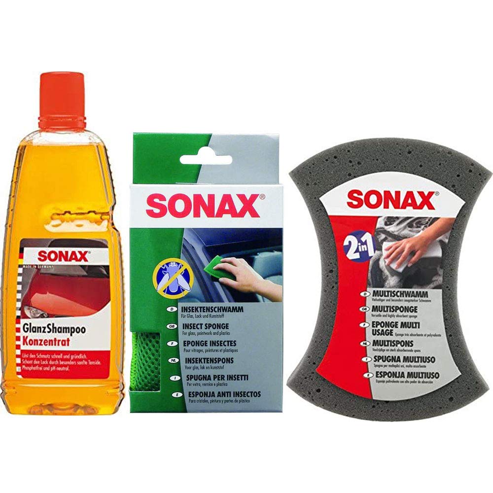 SONAX Set Brillare Shampoo Concentrato 1L + Insetto Spugna + Multi Spugna