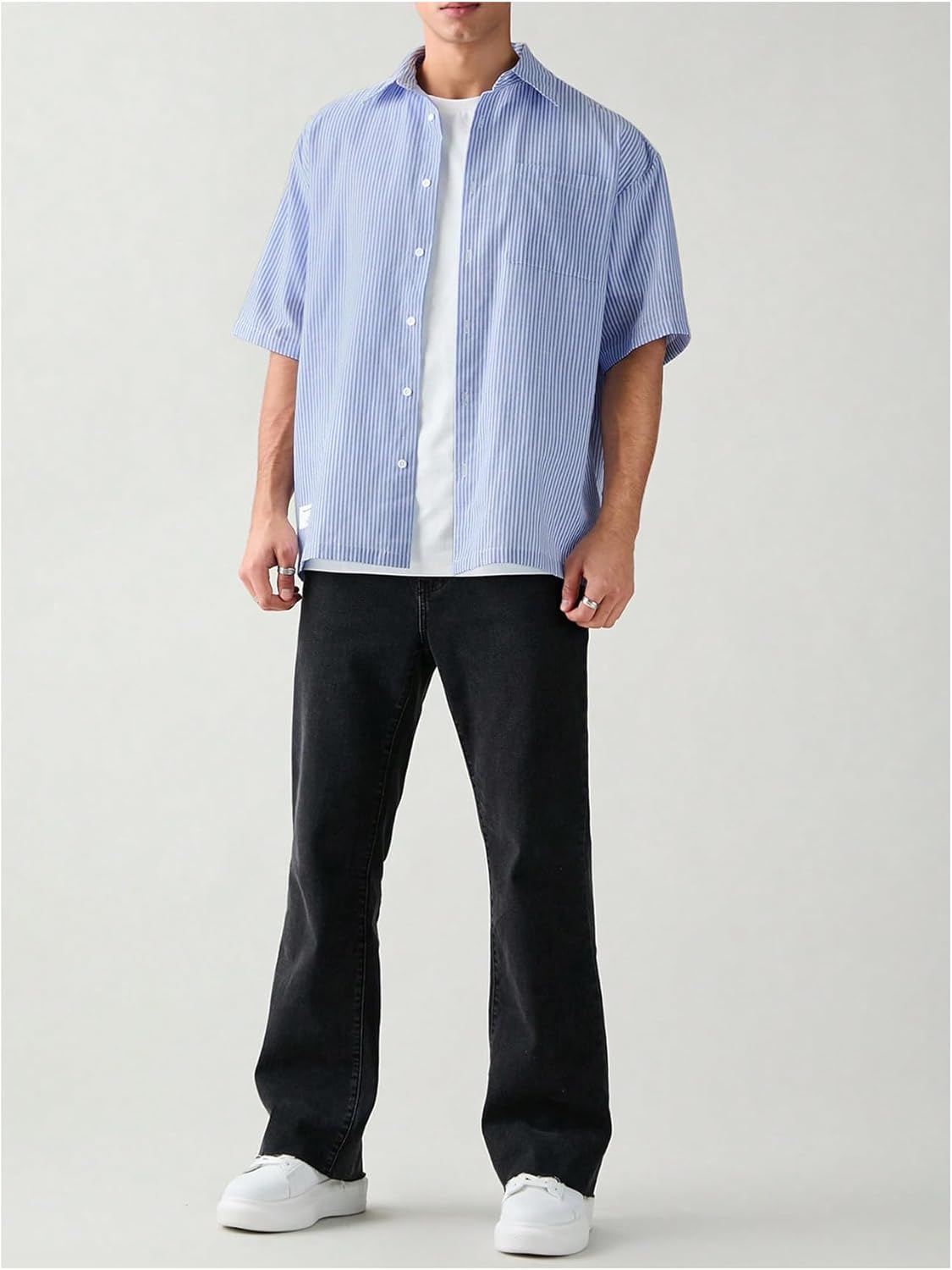 Men's Striped Oversized Tshirts Button Up Letter Patched Half Sleeve Baggy Shirt - Image 5