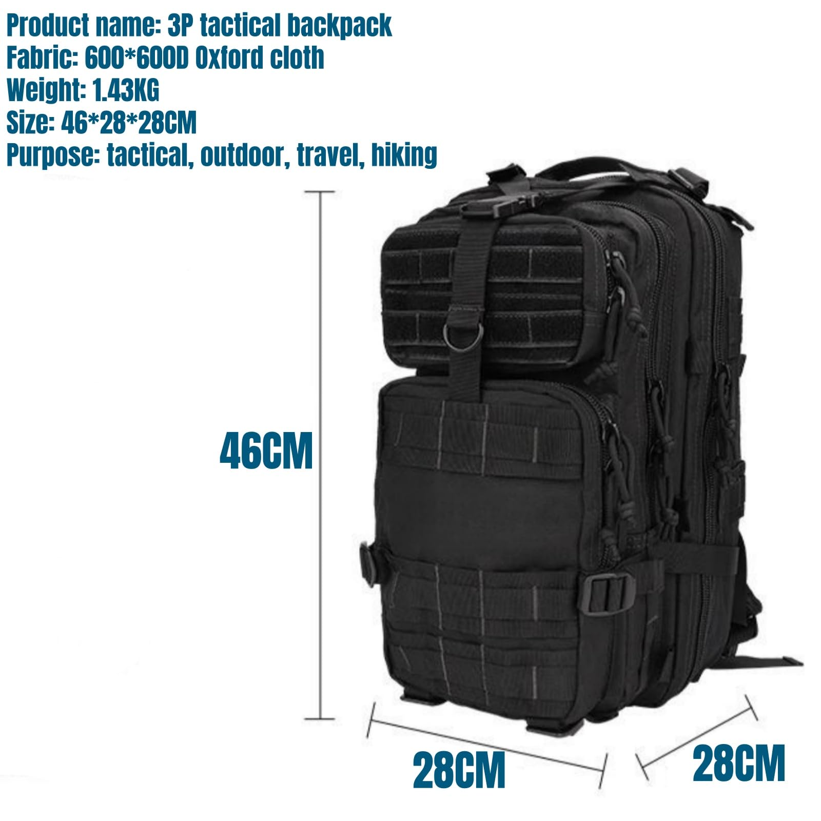 Taktischer Outdoor-Rucksack, Jagdrucksack, 3P, große Kapazität, multifunktionales Oxford-Stoff-MOLLE-System (Khaki)