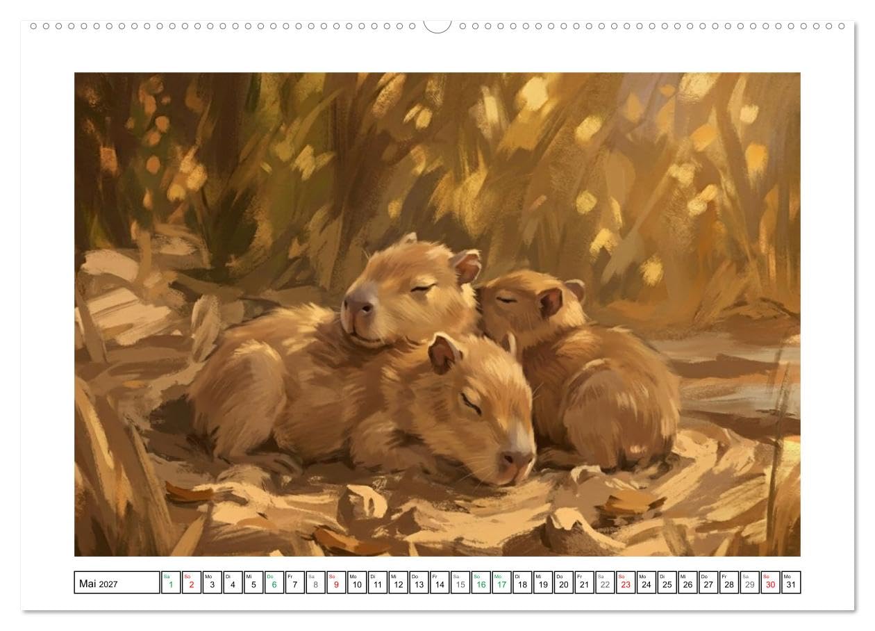 Capybara – Ein Nachmittag am Fluss (Wandkalender 2027 DIN A2 quer), CALVENDO Monatskalender: Eine Gruppe und ihre Kleinen (CALVENDO Tiere)
