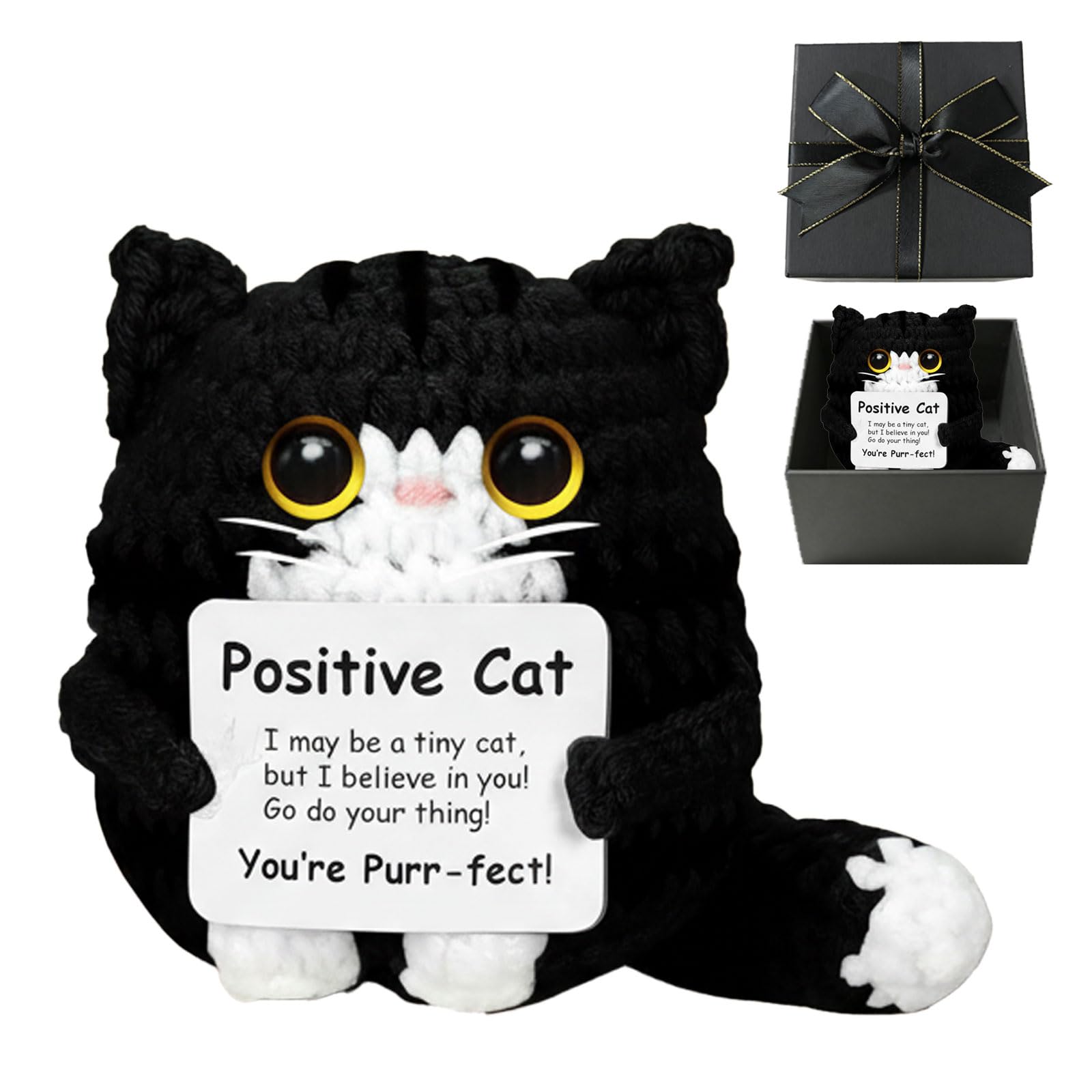 Positiva Gatto all'Uncinetto Portafortuna Fatto a Mano Confezione Regalo Nera