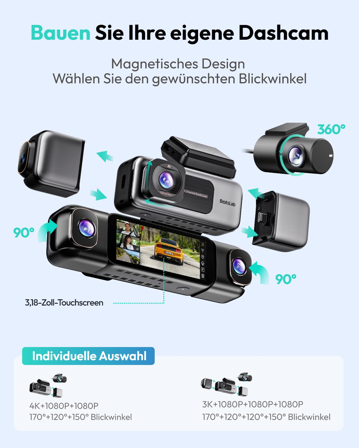BOTSLAB 4 Kanal Dashcam Auto Vorne Hinten, 360° Dash Cam, 3K+3*1080P Autokamera mit 128GB SD Karte, 5,8GHz WiFi & GPS, Super Nachtsicht, WDR, 3,18" IPS-Bildschirm, G-Sensor, Loop-Aufnahme, Parküberwachung