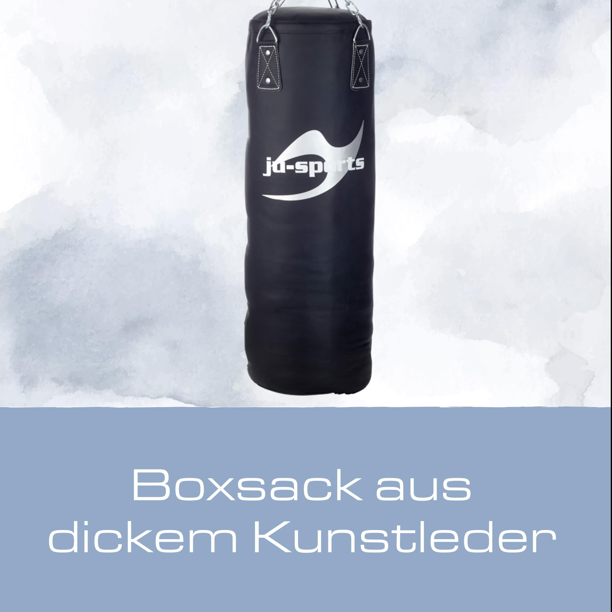Ju-Sports Boxsack hängend Ø 35cm I Sandsack Kunstleder ungefüllt für das Box Training I Sehr stabil mit Kette + Drehwirbel, Kette verdreht Sich Nicht