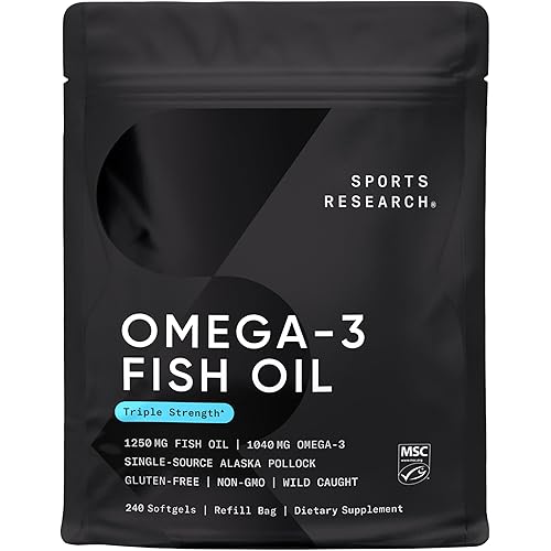 Sports Research Triple Strength Omega 3 Fish Oil - Burpless Fish Oil Supplement w/EPA & DHA Fatty Acids from Wild Alaskan Pollock - Heart, Brain & Immune Support for Men & Women - 1250 mg, 240 ct