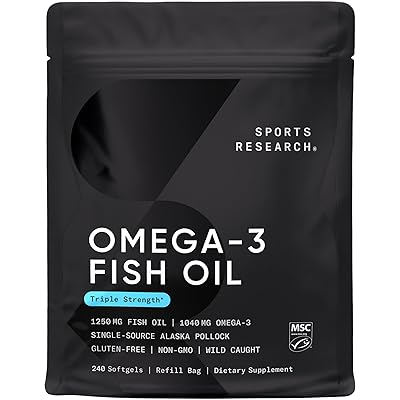 Sports Research Triple Strength Omega 3 Fish Oil - Burpless Fish Oil Supplement w/EPA & DHA Fatty Acids from Wild Alaskan Pollock - Heart, Brain & Immune Support for Men & Women - 1250 mg, 240 ct