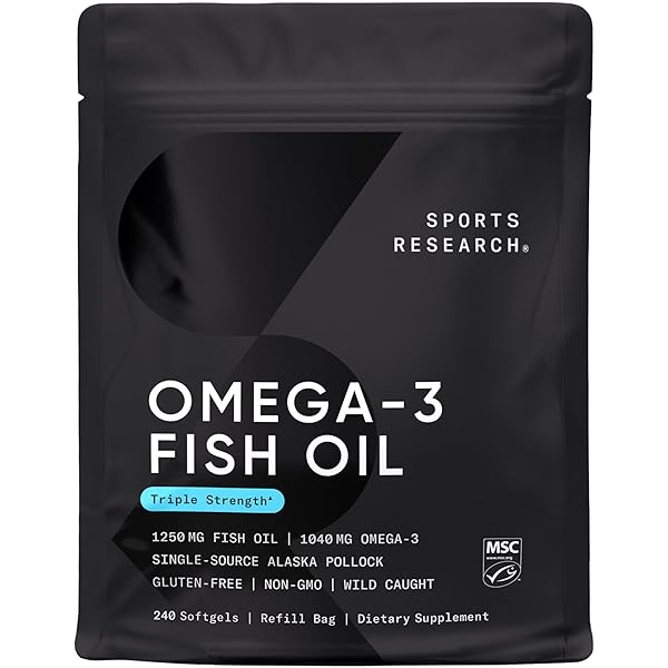 Sports Research Triple Strength Omega 3 Fish Oil - Burpless Fish Oil Supplement w/EPA & DHA Fatty Acids from Wild Alaskan Pollock - Heart, Brain & Immune Support for Men & Women - 1250 mg, 240 ct