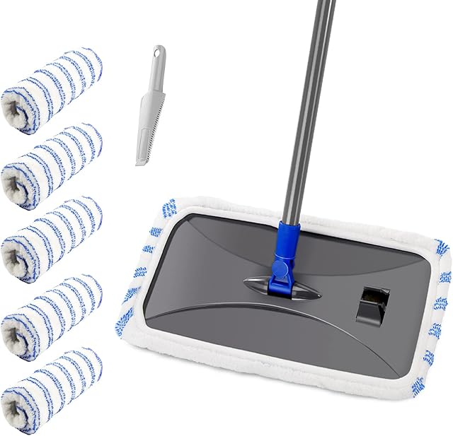 Masthome Large Flat Mop, Microfibre Floor Mops with 5 Reusable Pads, 360 Degree Rotating Mops for Cleaning Laminate Tile Hardwood Floors - Send Cleaning Scraper