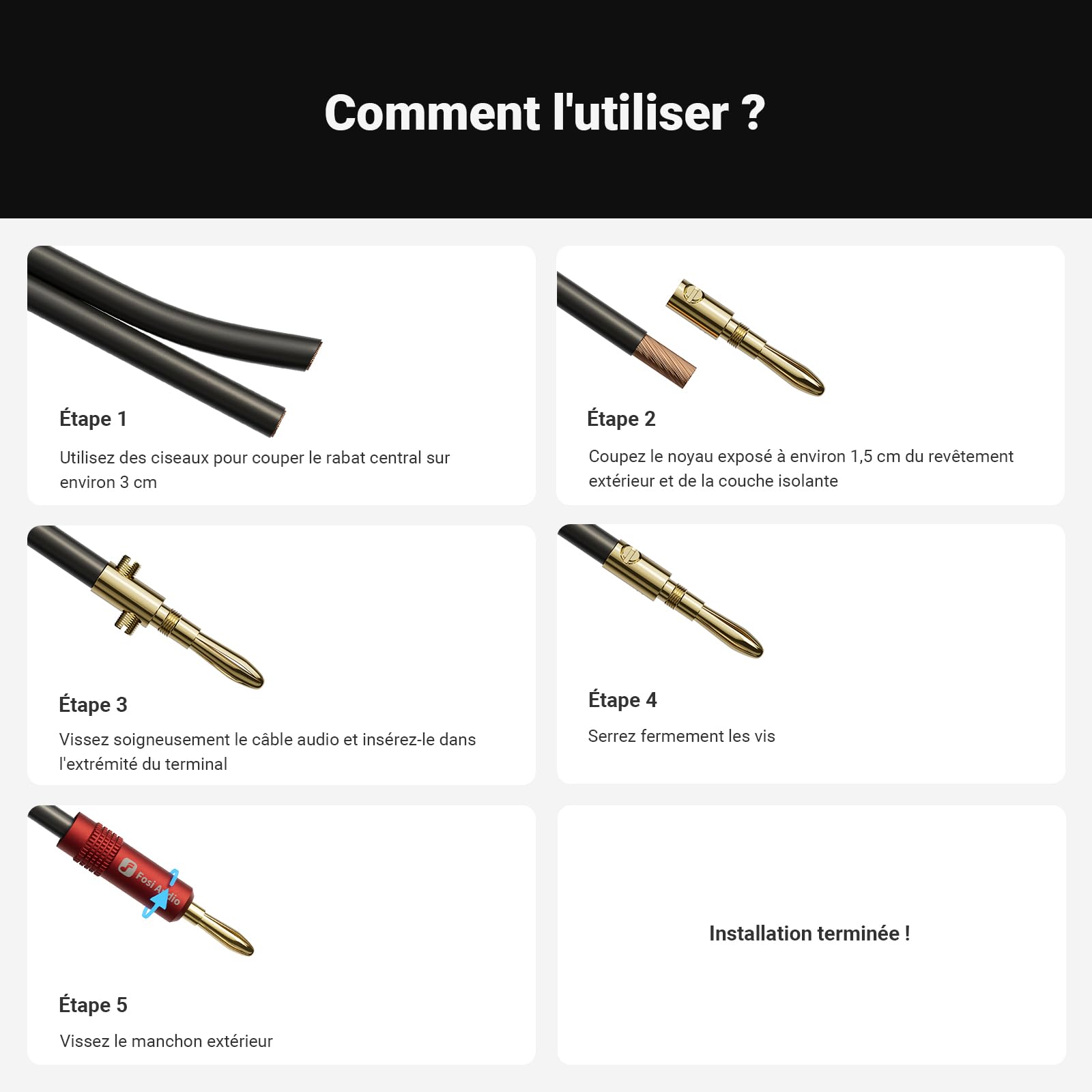 Fosi Audio Fiches Bananes pour Câbles d'enceintes, 2 Paires Plaquées or