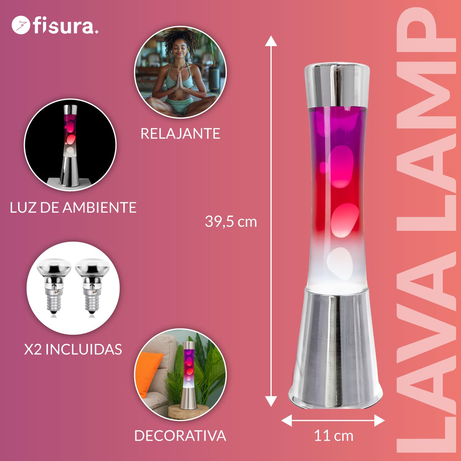 Fisura - Lámpara de lava Base plateada cromada (Degradado rojo y morado)