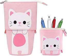 Standing Pencil Case, Retractable Pencil Case, Cat Pencil, Stand Up Pencil Case, Canvas Pencil Case for Stationery, Stationery, Pink, Standing Pencil Case