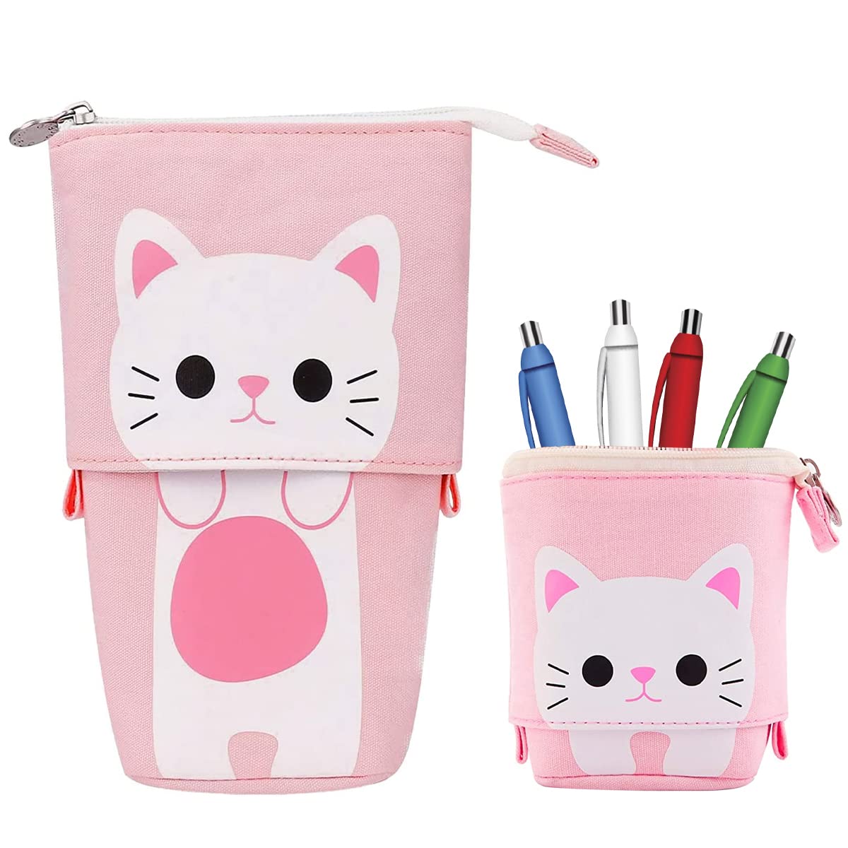 Hillylolly Estuche Gatos, Estuche Escolar, Estuche para Niñas y Adolescentes, Estuche Tela Vertical, Plegable, Gran Capacidad, Adecuado para Regalos a Estudiantes (Rosa)