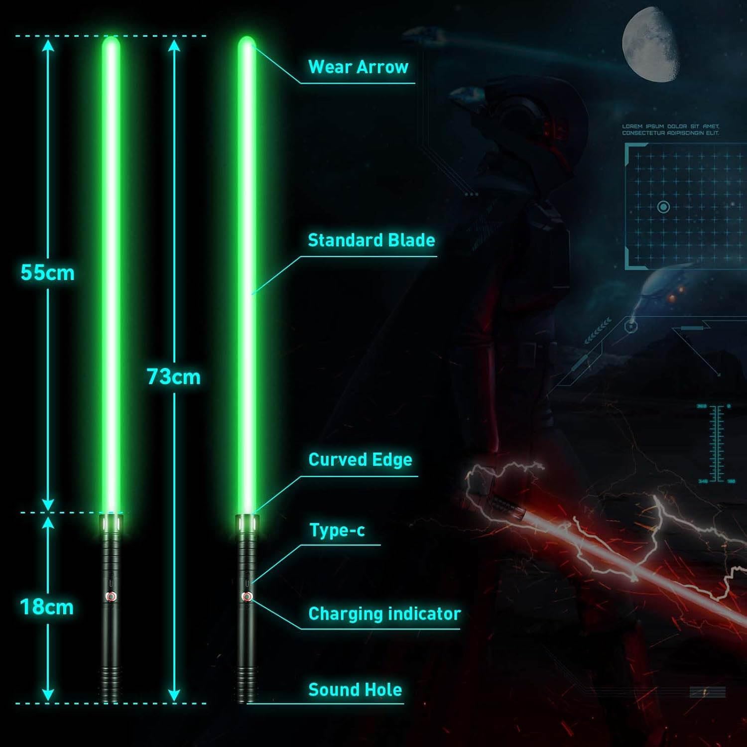 Laserschwert Kinder, USB-C Lade Lichtschwert Kinder, RGB 15 Farben 2 in 1 Lichtschwert, Duell Lightsaber mit 4 Modi, Metallgriff Lichtschwerter, Laser Schwert Kinder und Erwachsene 60cm x 2pc Schwarz