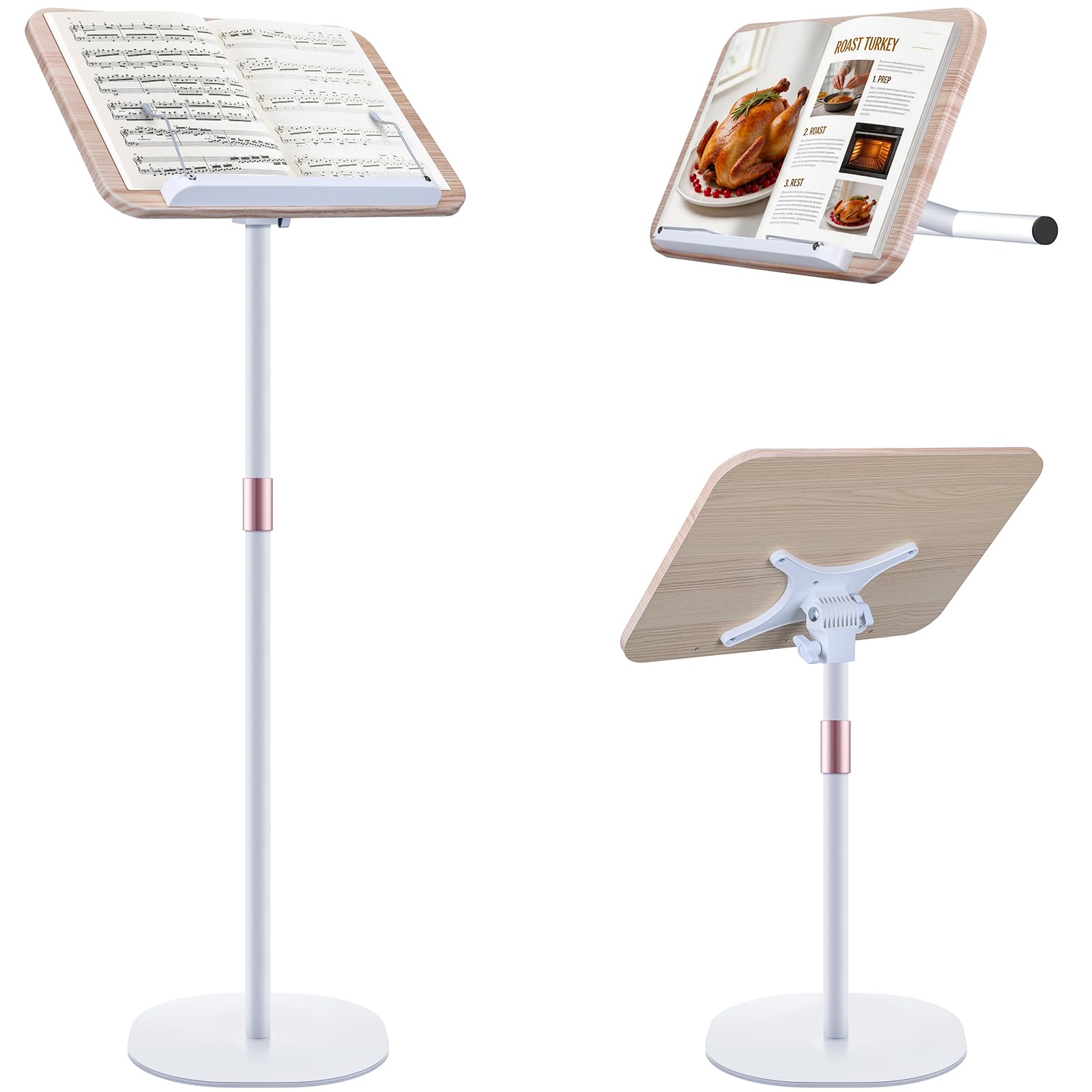 Photo 1 of 2 in 1 Dual-use Music Stand & Desktop Book Stand, Adjustable Height 16.5"-51", 100% Solid Wood Laptop Floor Stand Book Holder with Elastic Page Clips for Cookbooks, Sheet Music (White)