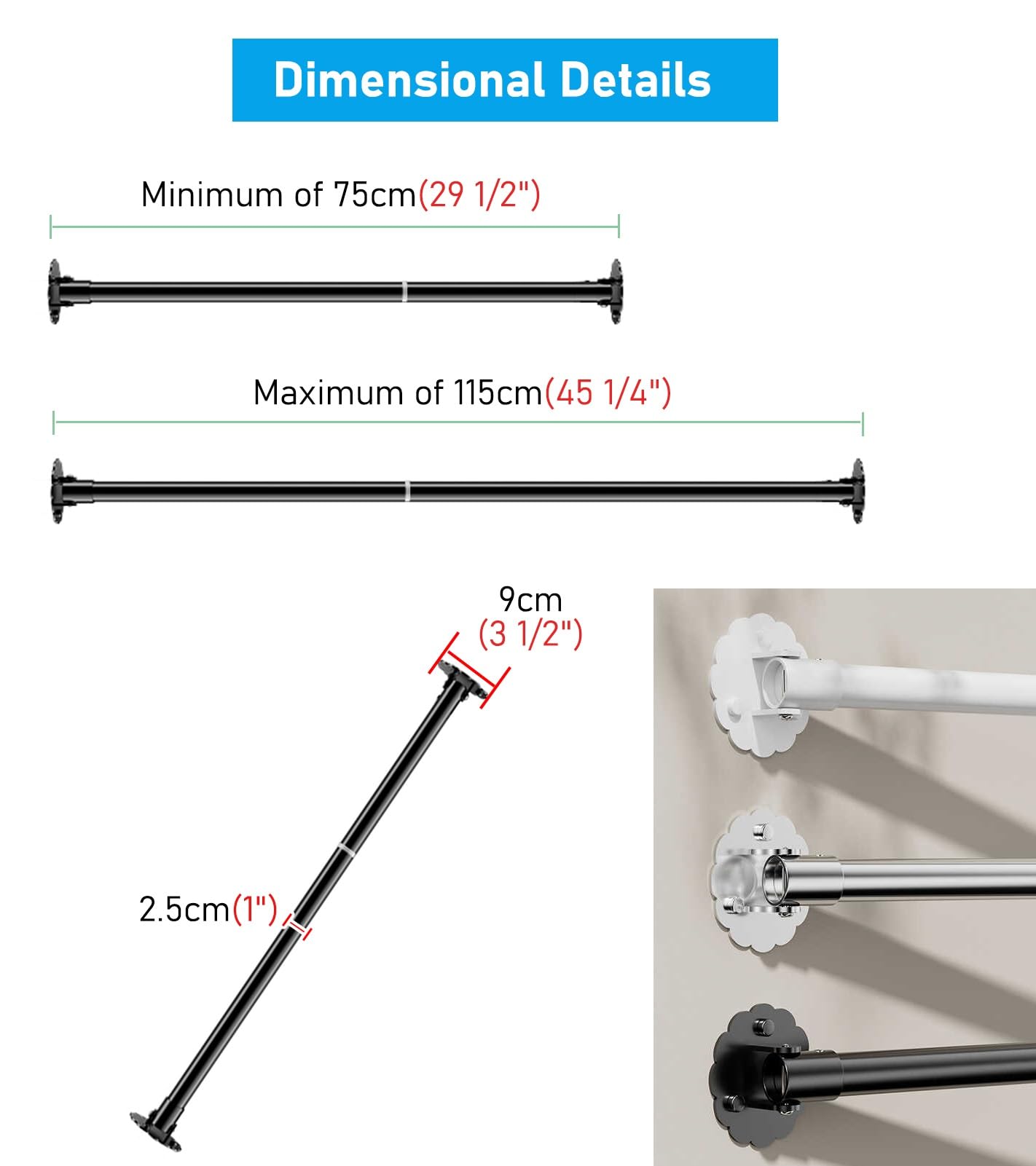 Barra Appendiabiti Asta per Armadio con Staffe ad Angolo Regolabili, Barra Appendiabiti Estensibile per Guardaroba ad Angolo, Asta Telescopica per Tenda da Doccia(White,75-115cm(29 1/2-45 1/4"))